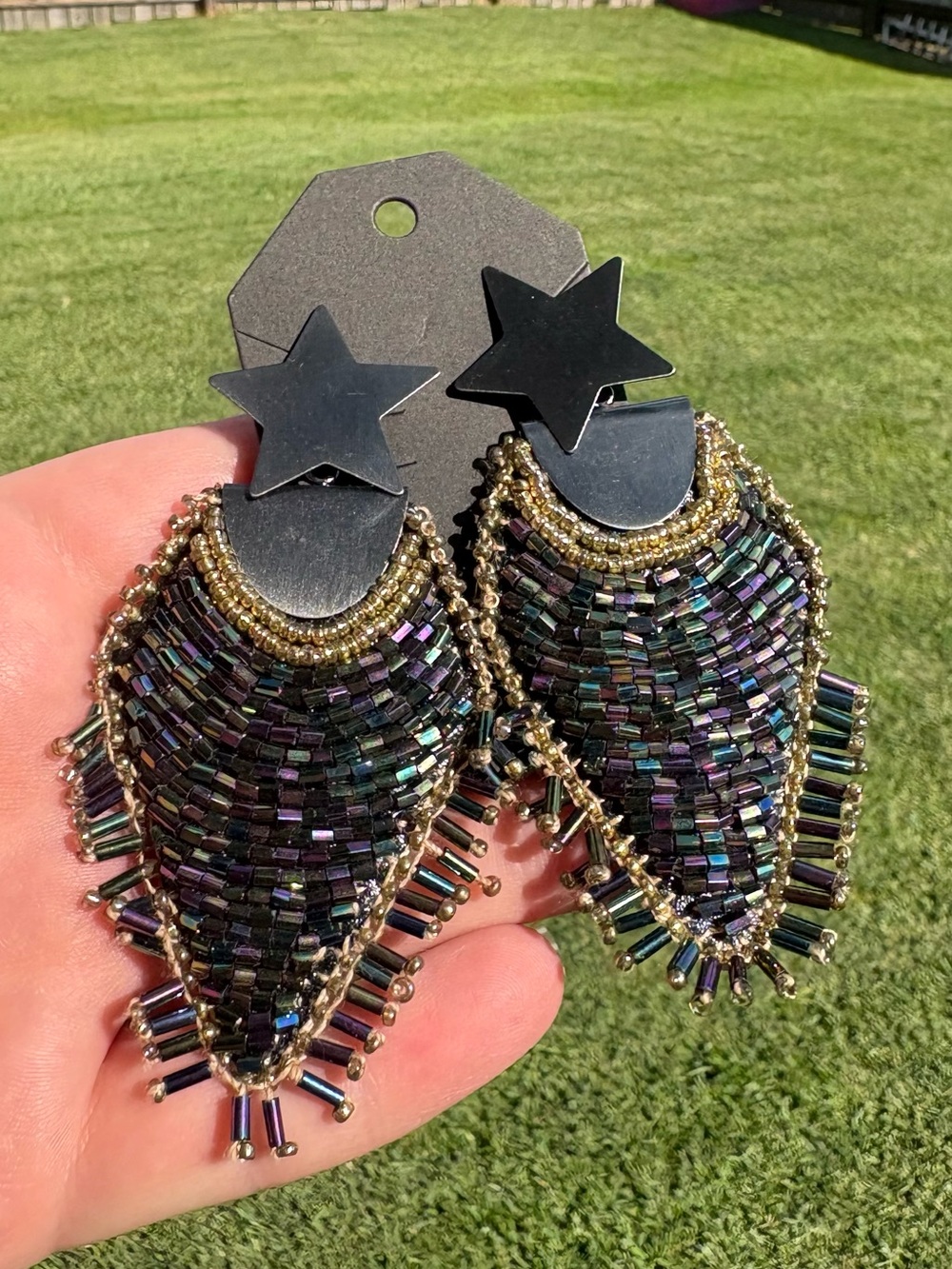 Iridescent beaded earrings with pewter star stud top New Unbranded